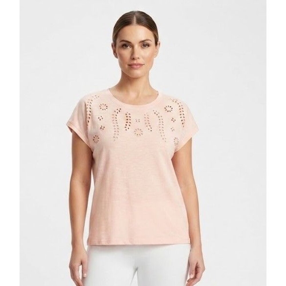 Joei & I Blush Peach Eyelet Cutout Short Sleeve Crewneck Top Blouse Size L